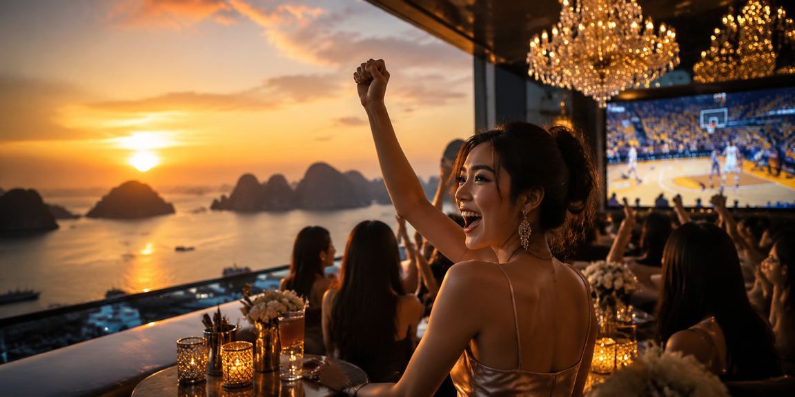 Người dùng tại vịnh Hạ Long theo dõi kết quả cá cược bóng rổ vào ban đêm